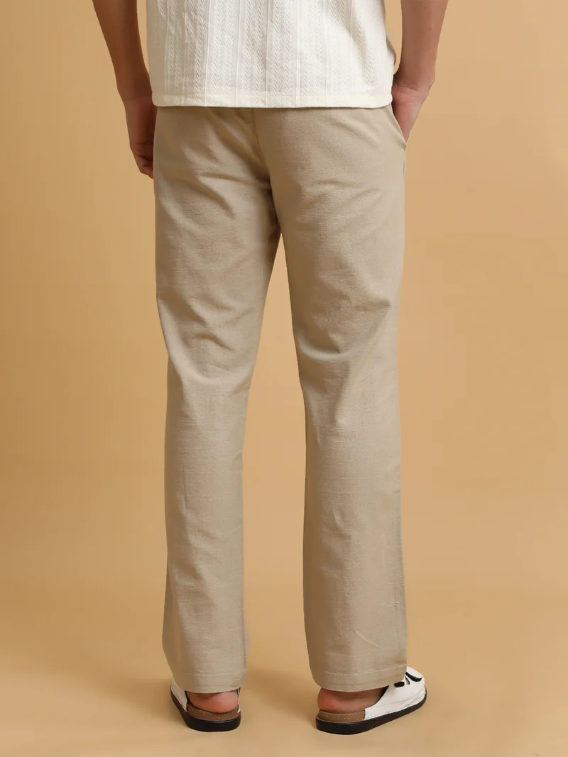 Maniac  Maniac Mens Italy Linen Solid Beige Cotton Trouser for Men | Best Price UAE